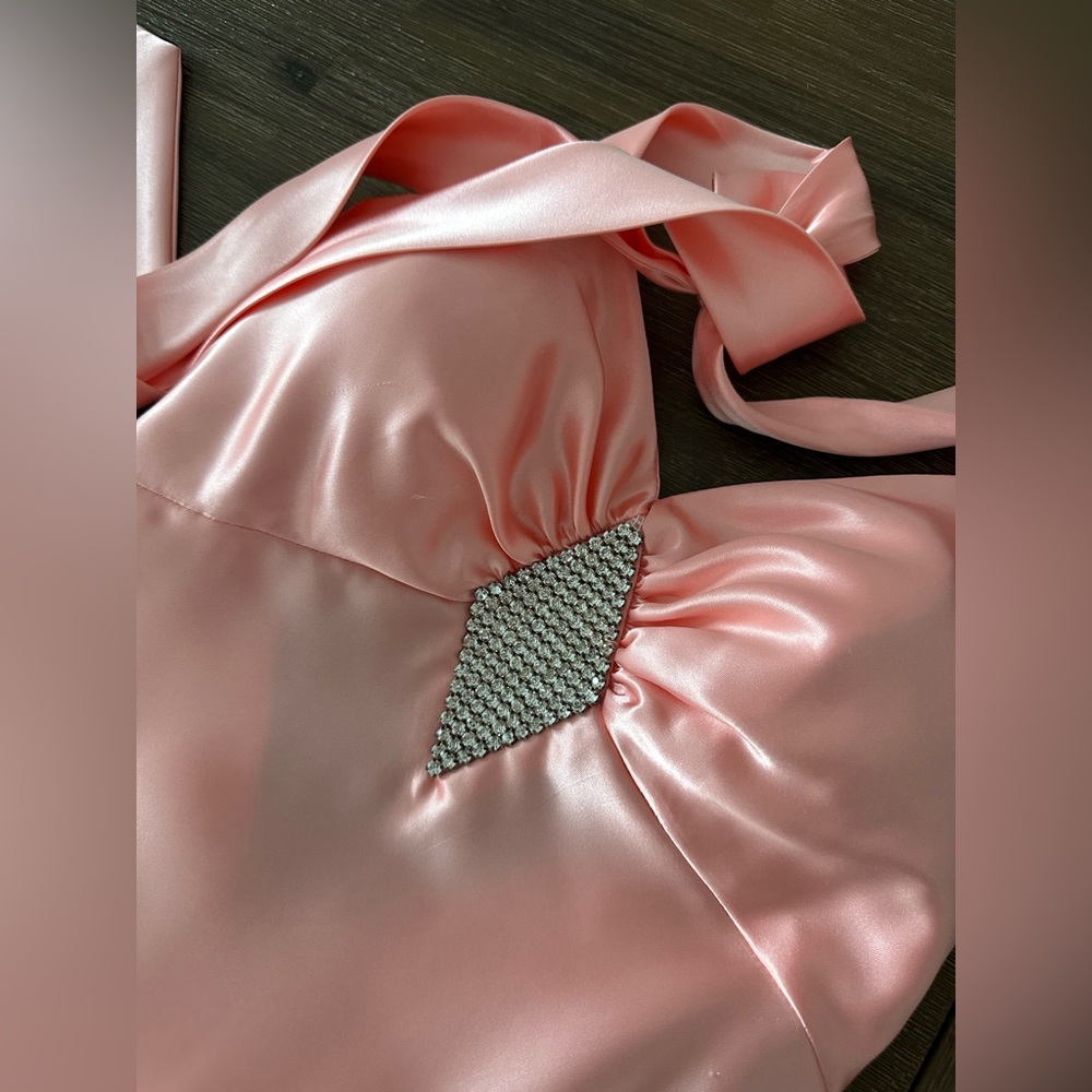Pink Satin Halter Prom Dress with Rhinestone Diamond Accent Prom Queen Halloween